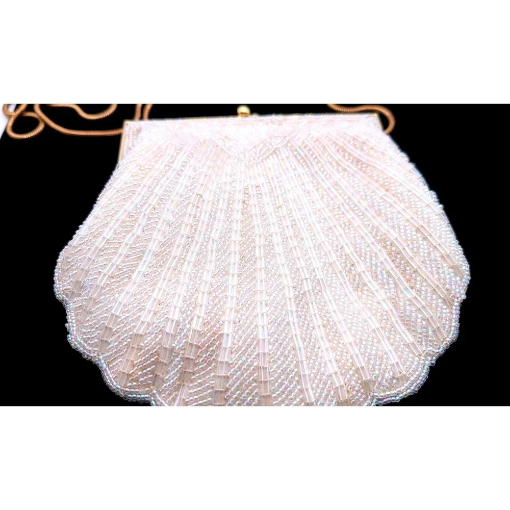 Carla Marchi Beaded Shell Clutch Bag Iridescent White Gold Tone Vintage Style